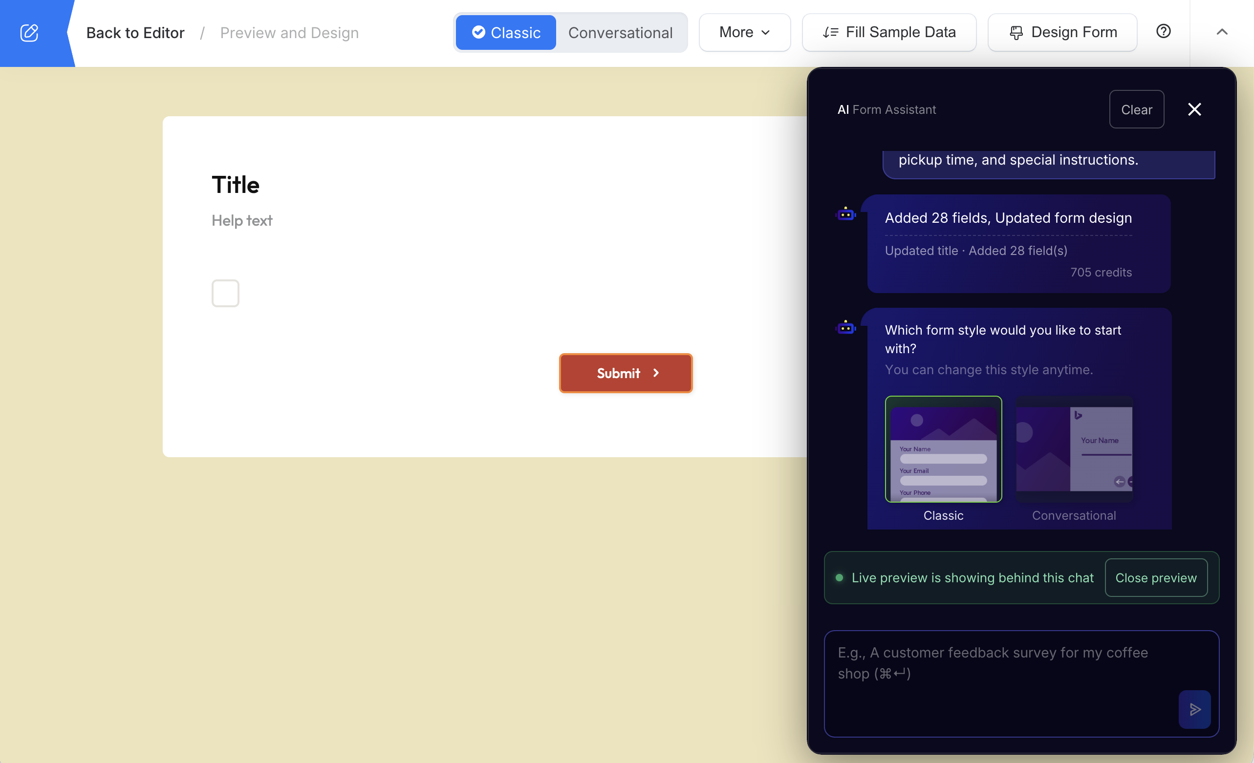 Review the generated form in live preview and continue refining it with the AI Form Assistant