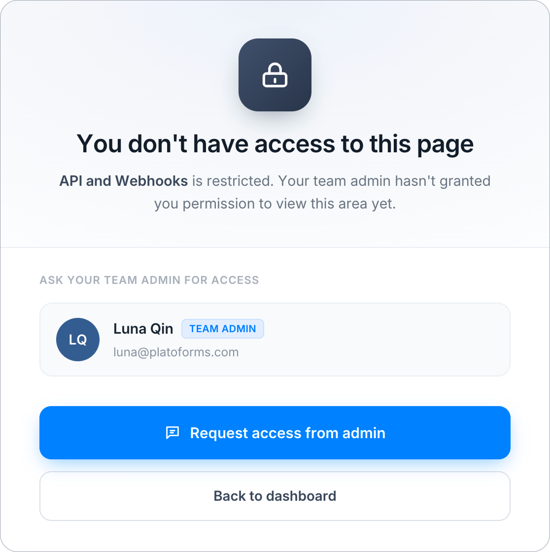 Team menu with API and Webhooks restricted