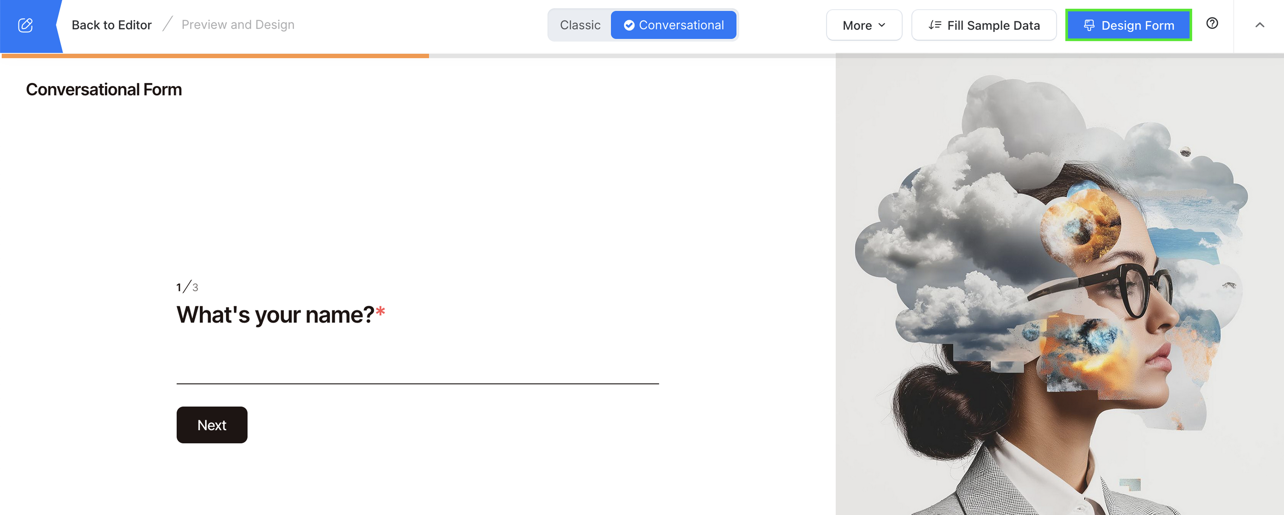 Open the design settings for a Conversational Form
