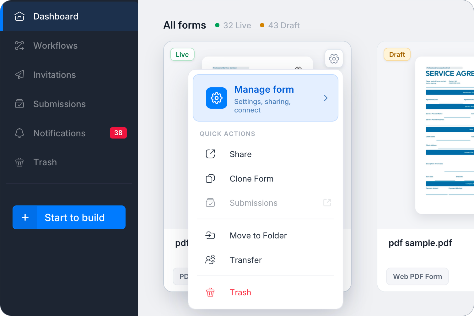 Open Manage Form from the Dashboard gear icon