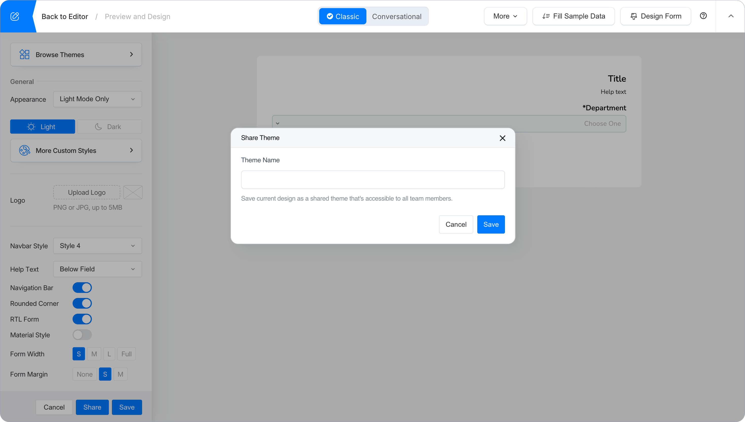 Share the current form design as a team theme