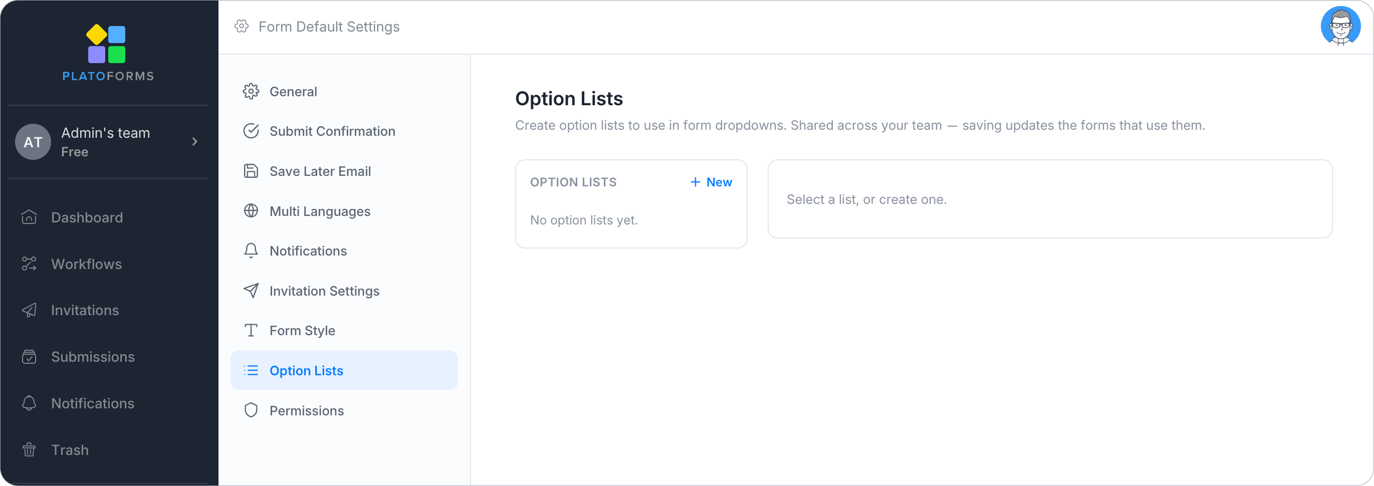 Form Default Settings — Option Lists tab