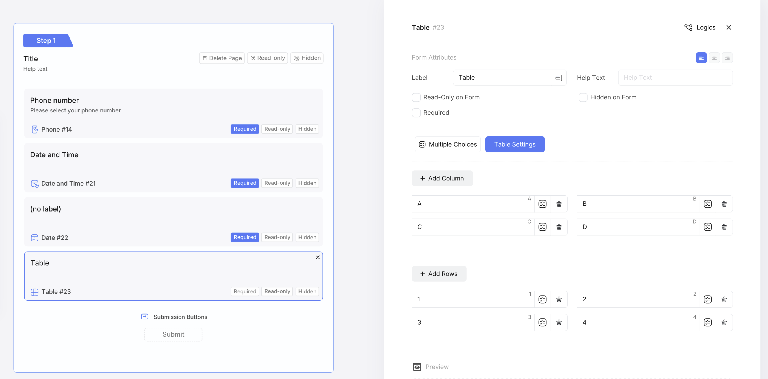 Table Selection Settings