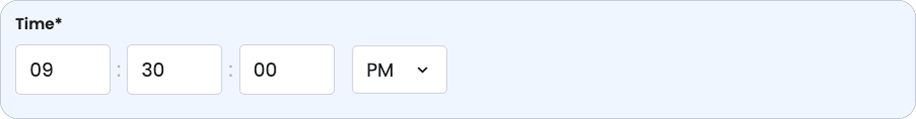 Time field on a form showing a 12-hour input with an AM/PM dropdown selector