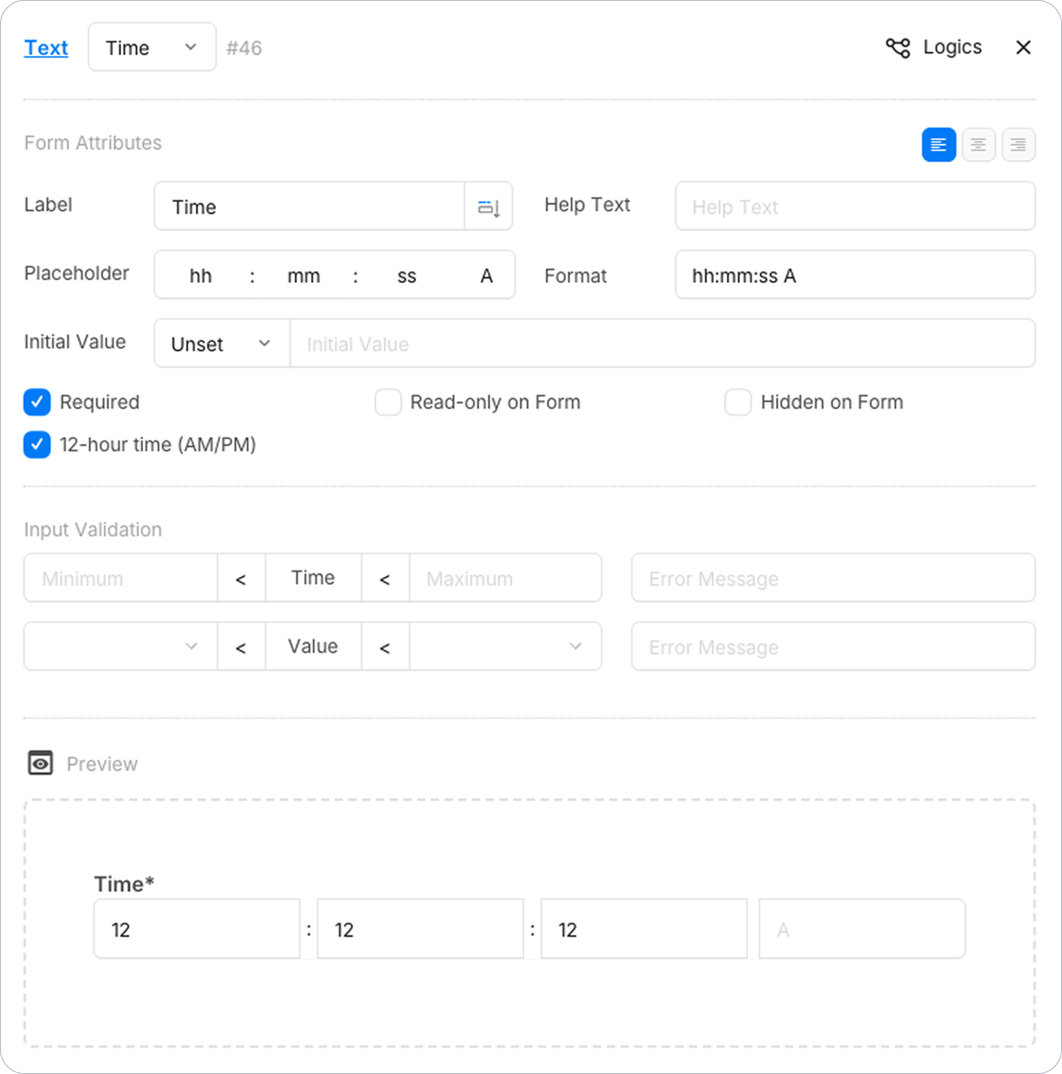 Time field properties panel with 12-hour AM/PM option enabled