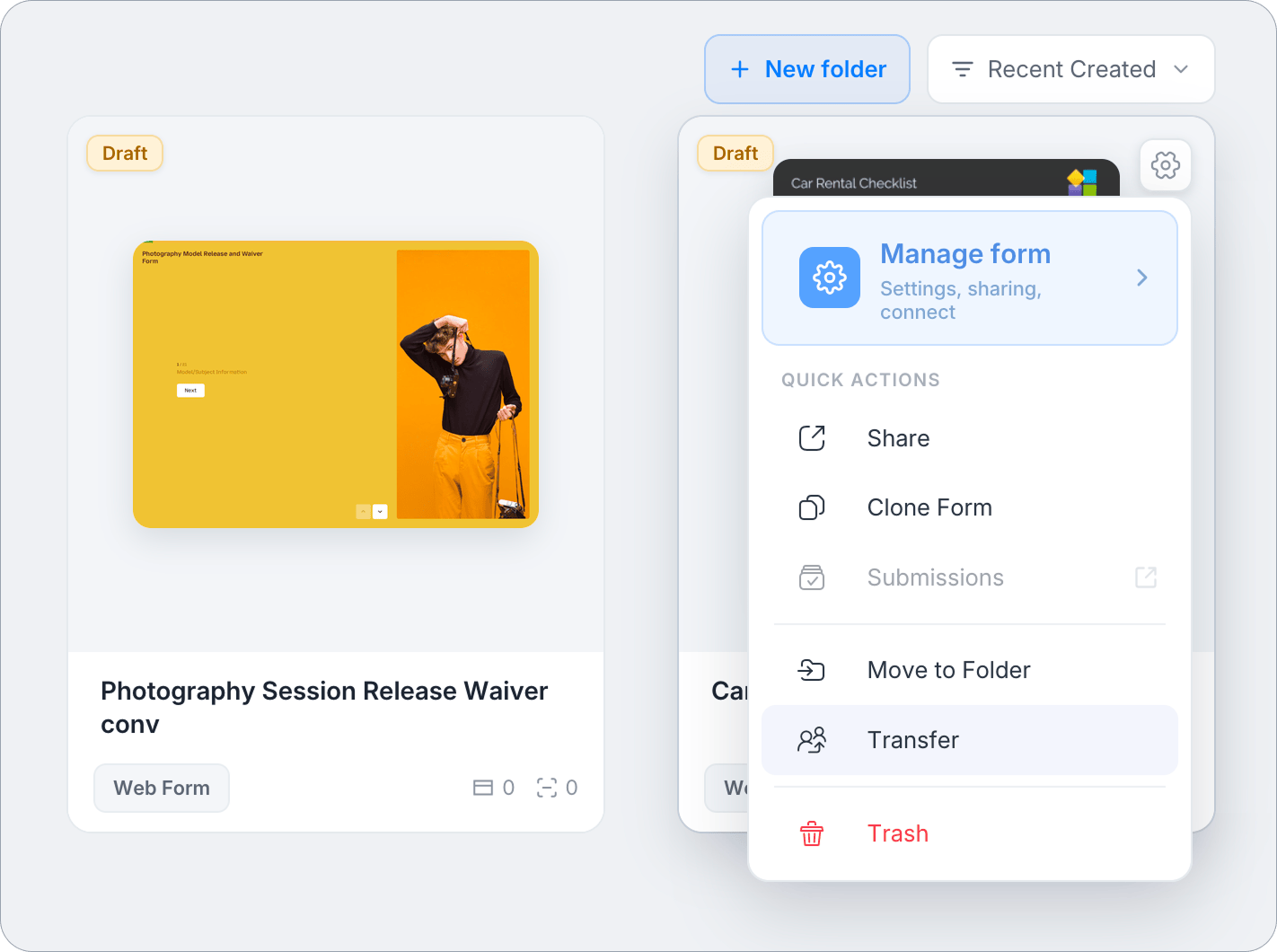Settings panel on a form card showing Manage form, Quick Actions with Share, Clone Form, Submissions, and Transfer option below Move to Folder