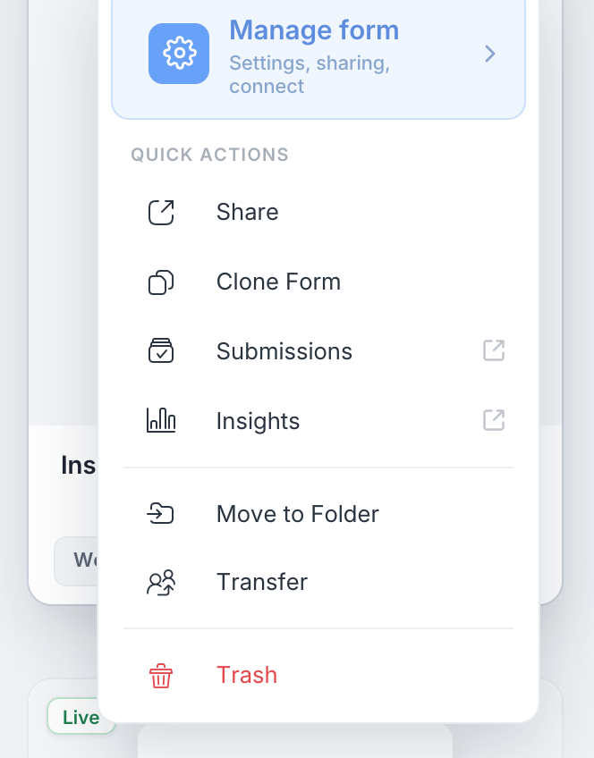Insights quick action on a dashboard form card