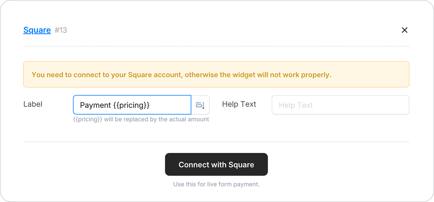 Connect Square Payment field with Square
