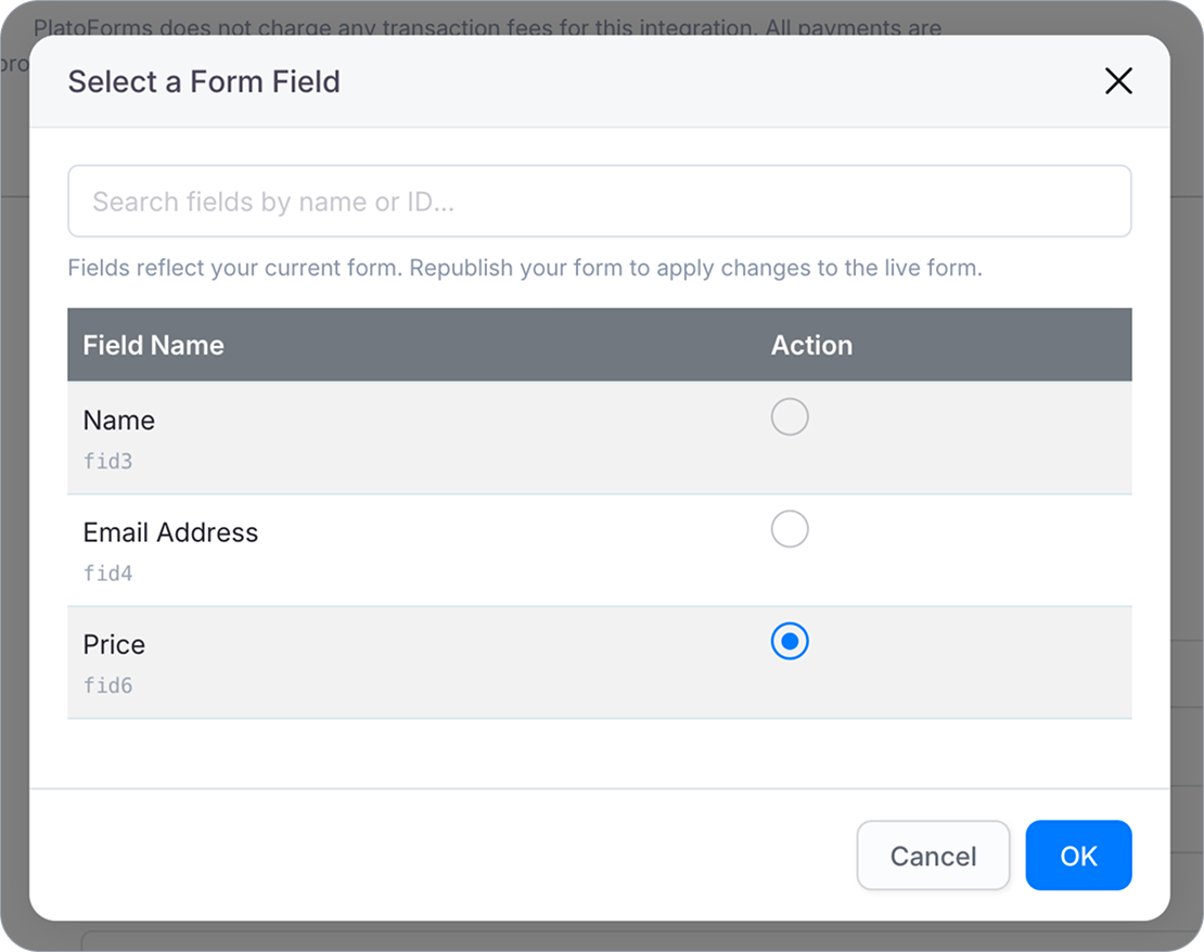 Select Payment Amount Field