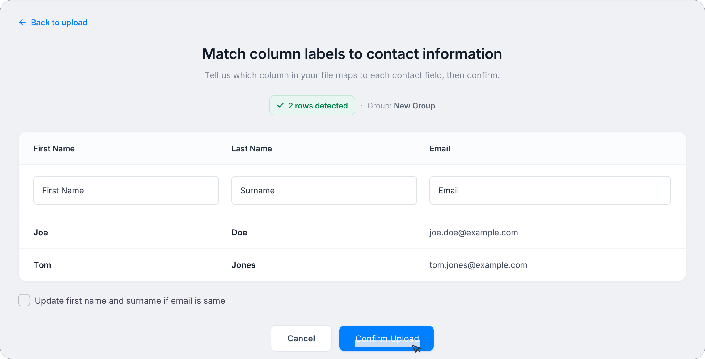 Column mapping page showing field assignments and Confirm Upload button
