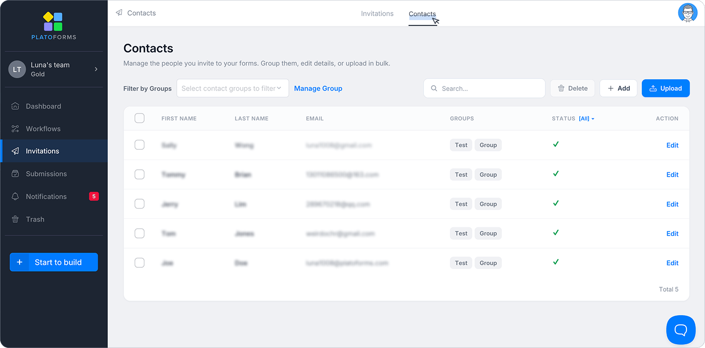 Contacts tab in the FormCan Invitations page for managing bulk recipient contact lists