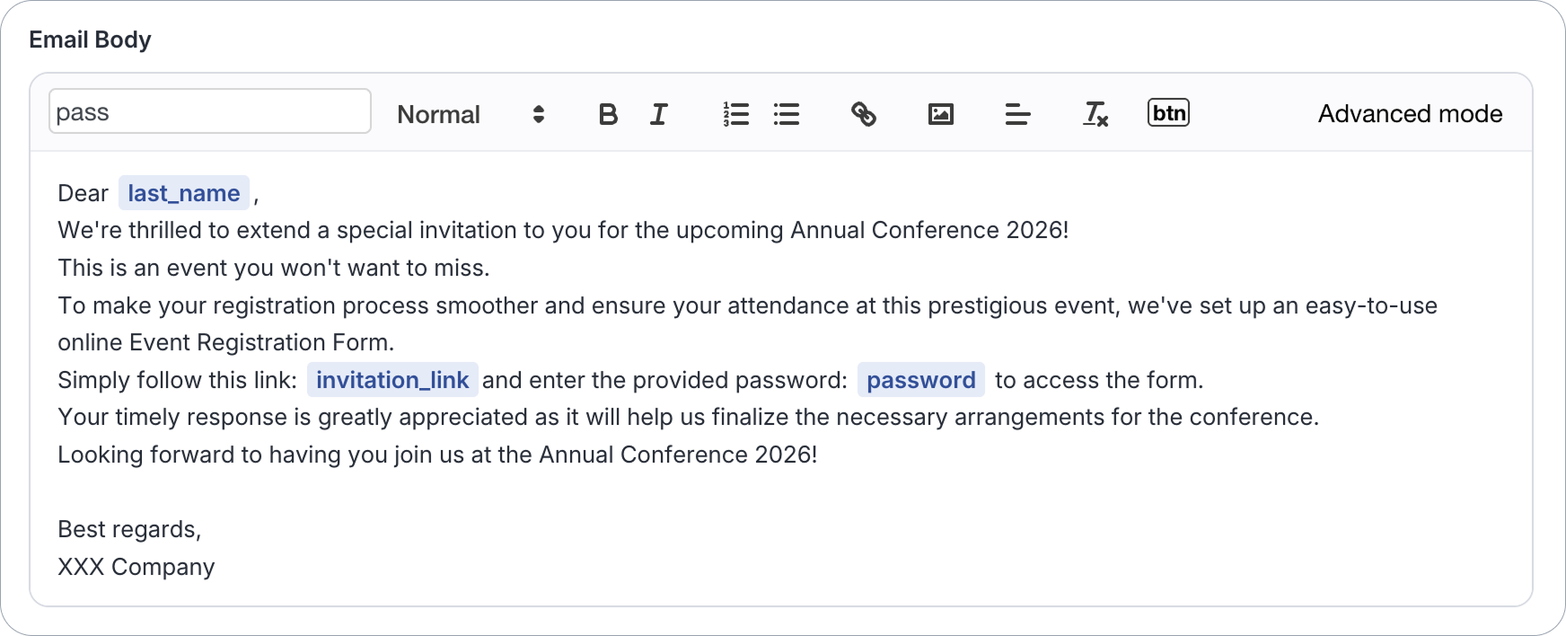 Email body example with invitation_link and form_name variables