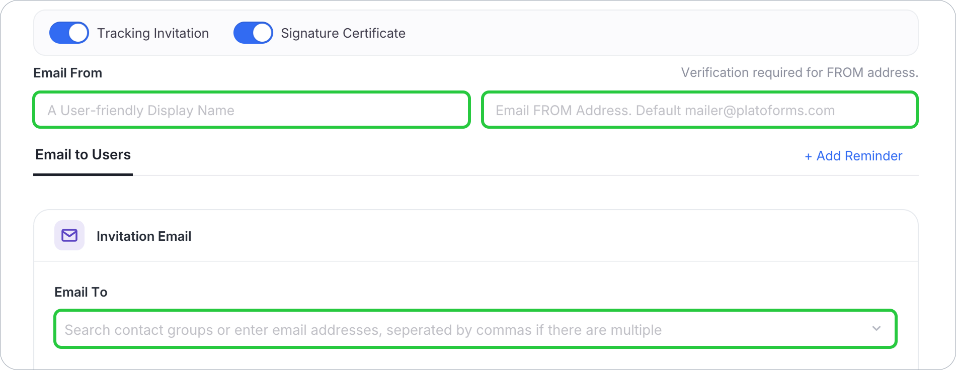 Email From sender details and Email To recipient address fields in a FormCan invitation