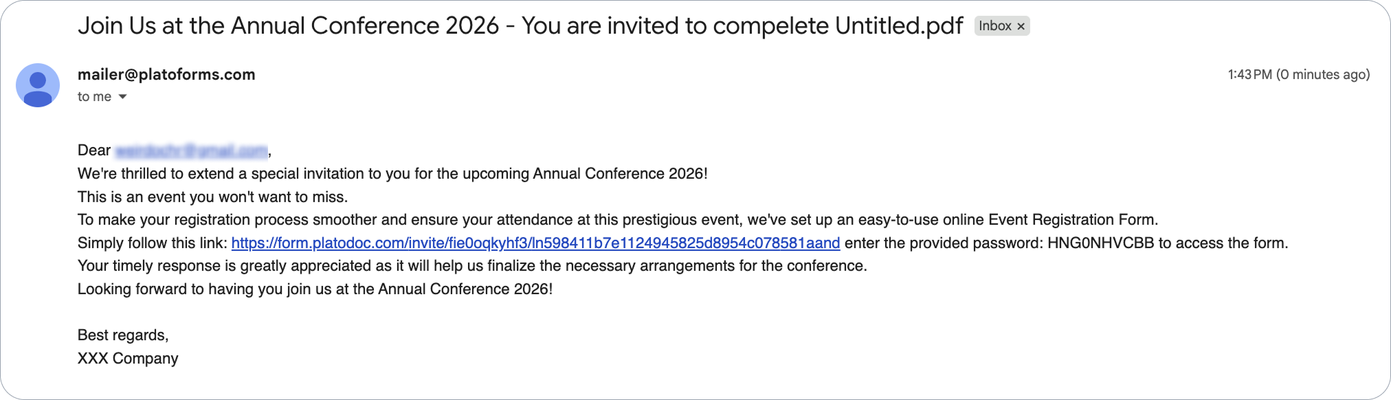 Recipient view of an invitation email with subject and body