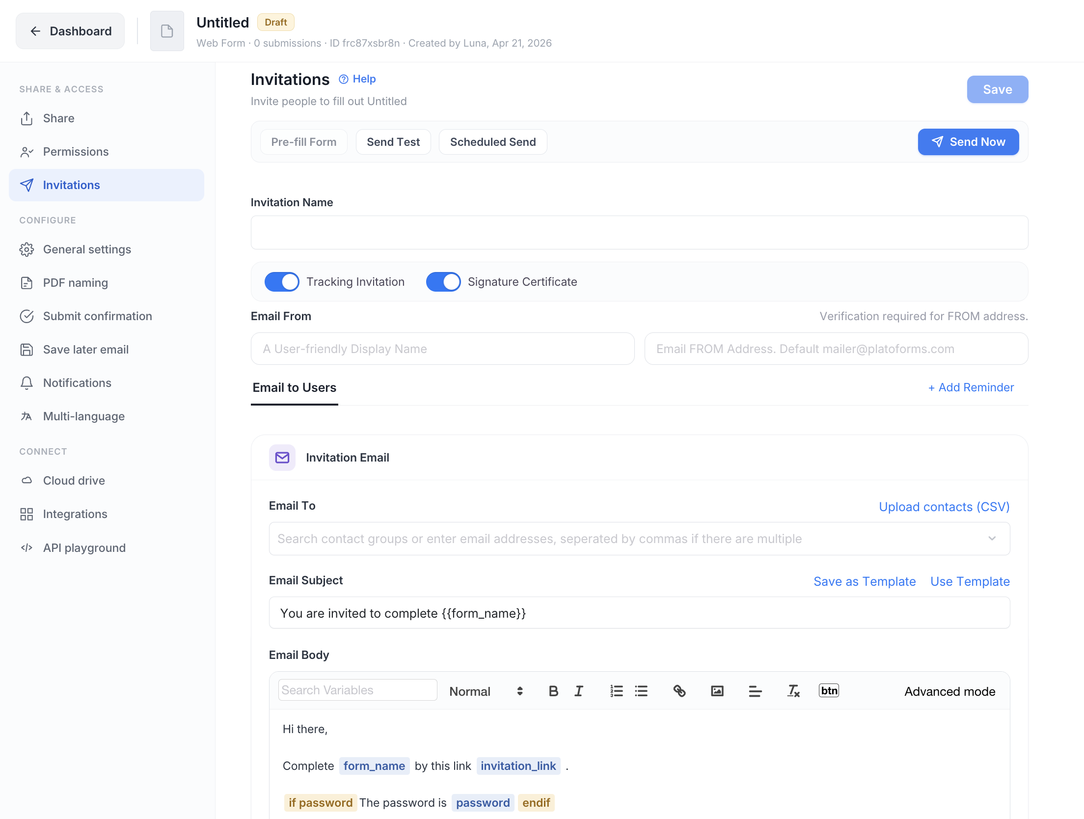 Invitations option in the Share &amp; access section of Manage Form left navigation