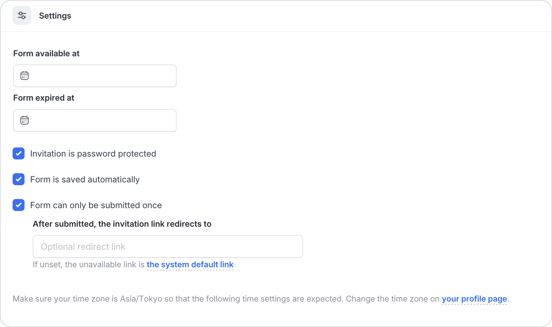 Invitation Settings section showing availability dates, password protection, and submission limit options