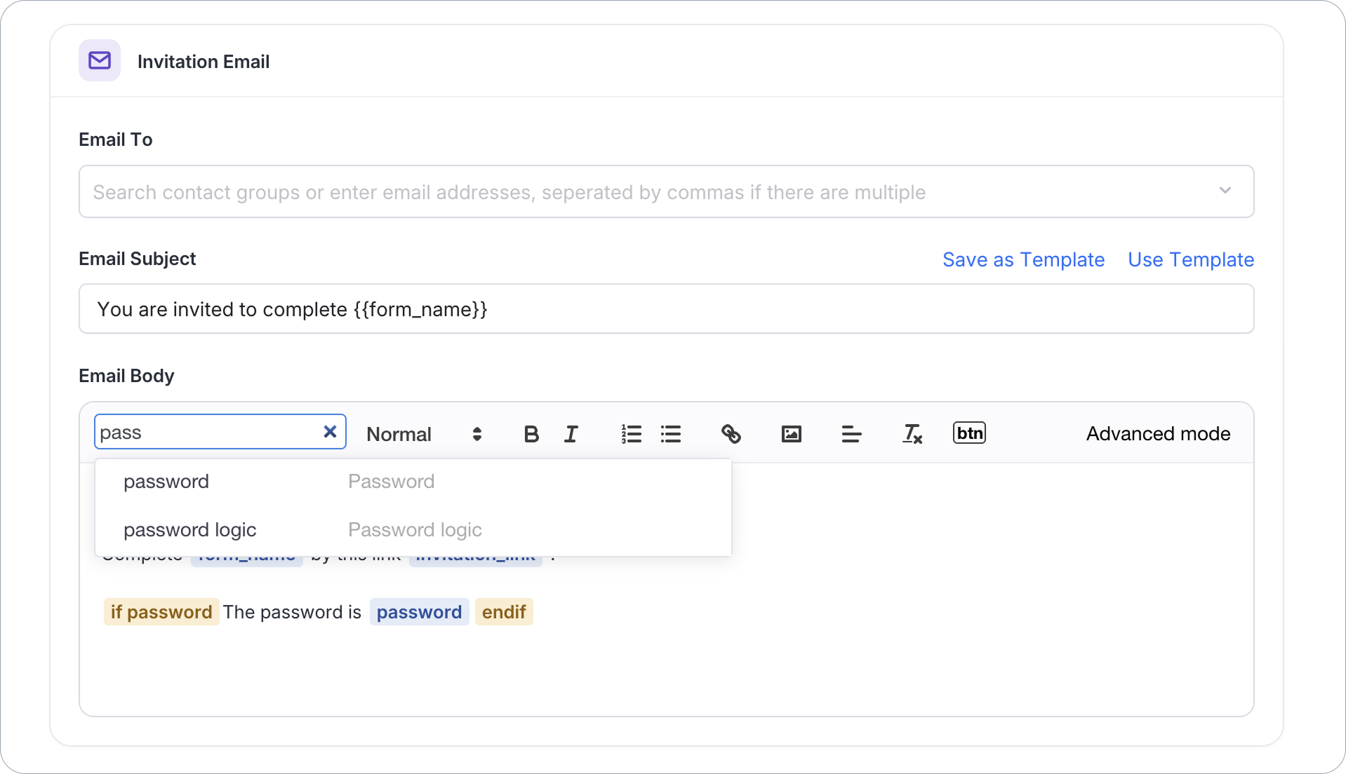 Search Variables dropdown for inserting dynamic content into invitation email body