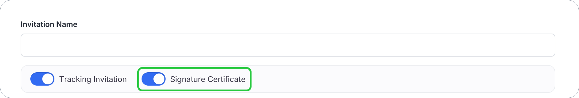 Signature Certificate toggle enabled in invitation tracking settings