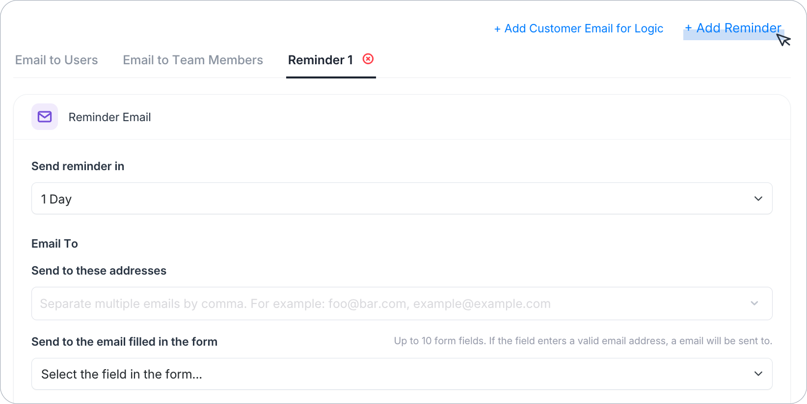 A Reminder tab with its Send reminder in field