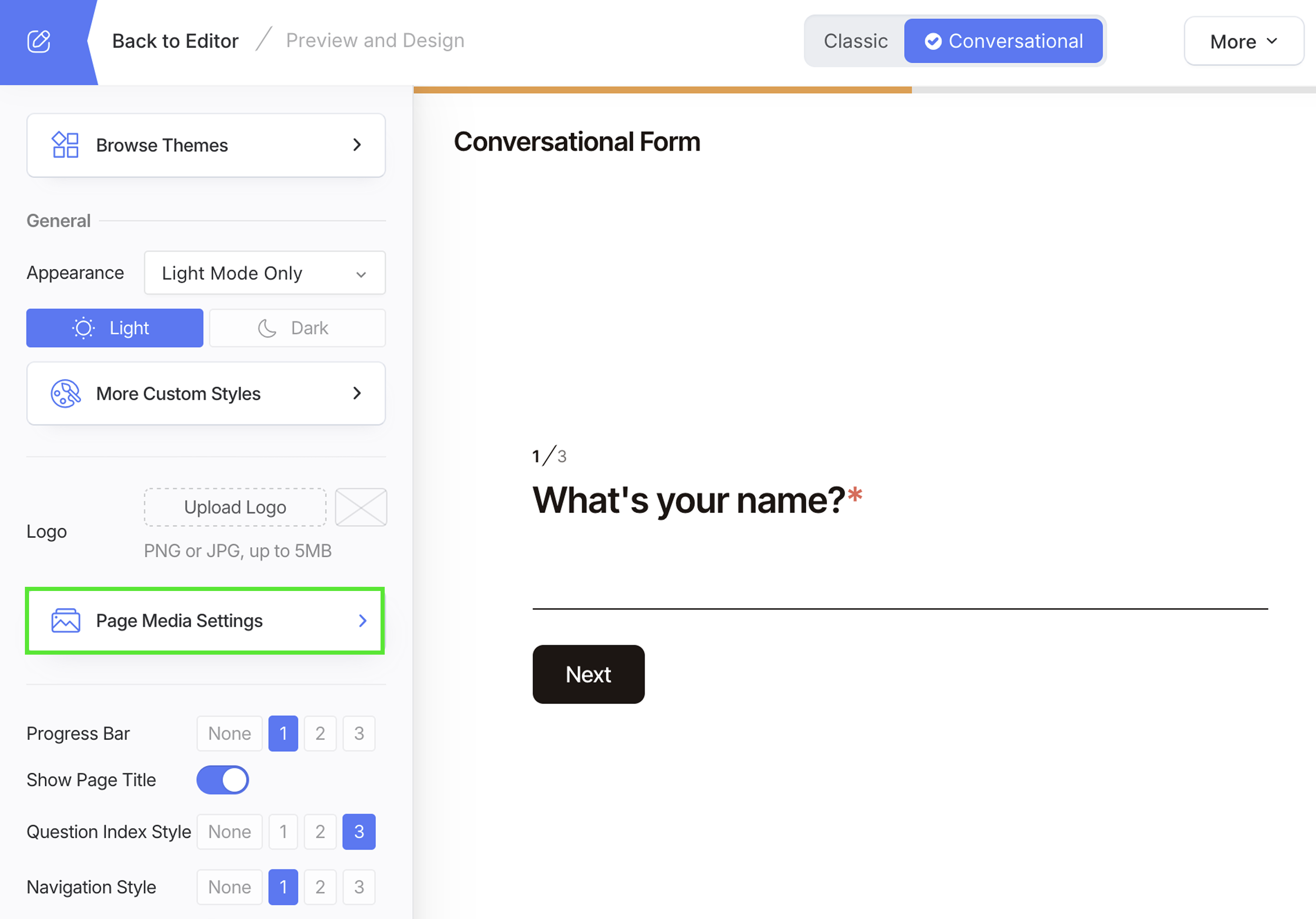 Open Page Media Settings in the Conversational Form designer