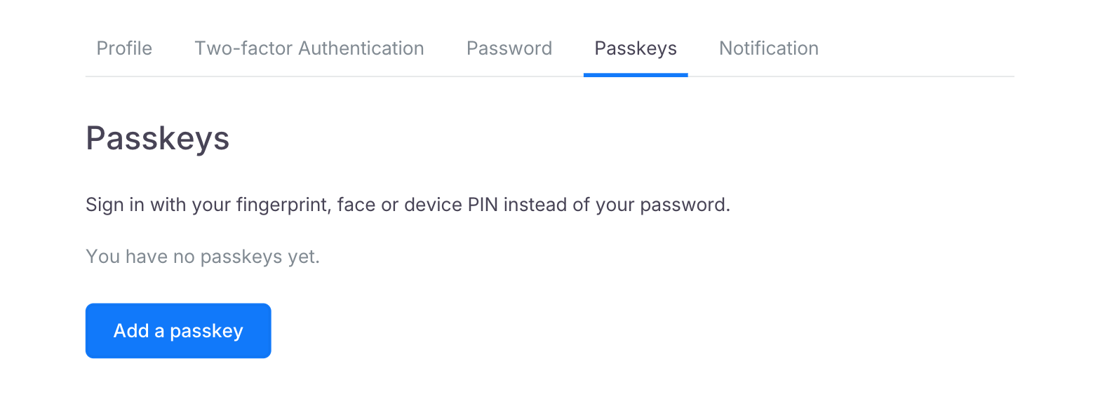 The Passkeys tab in Account Settings