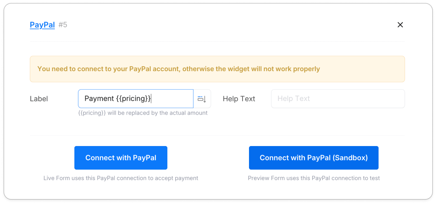 PayPal connection panel