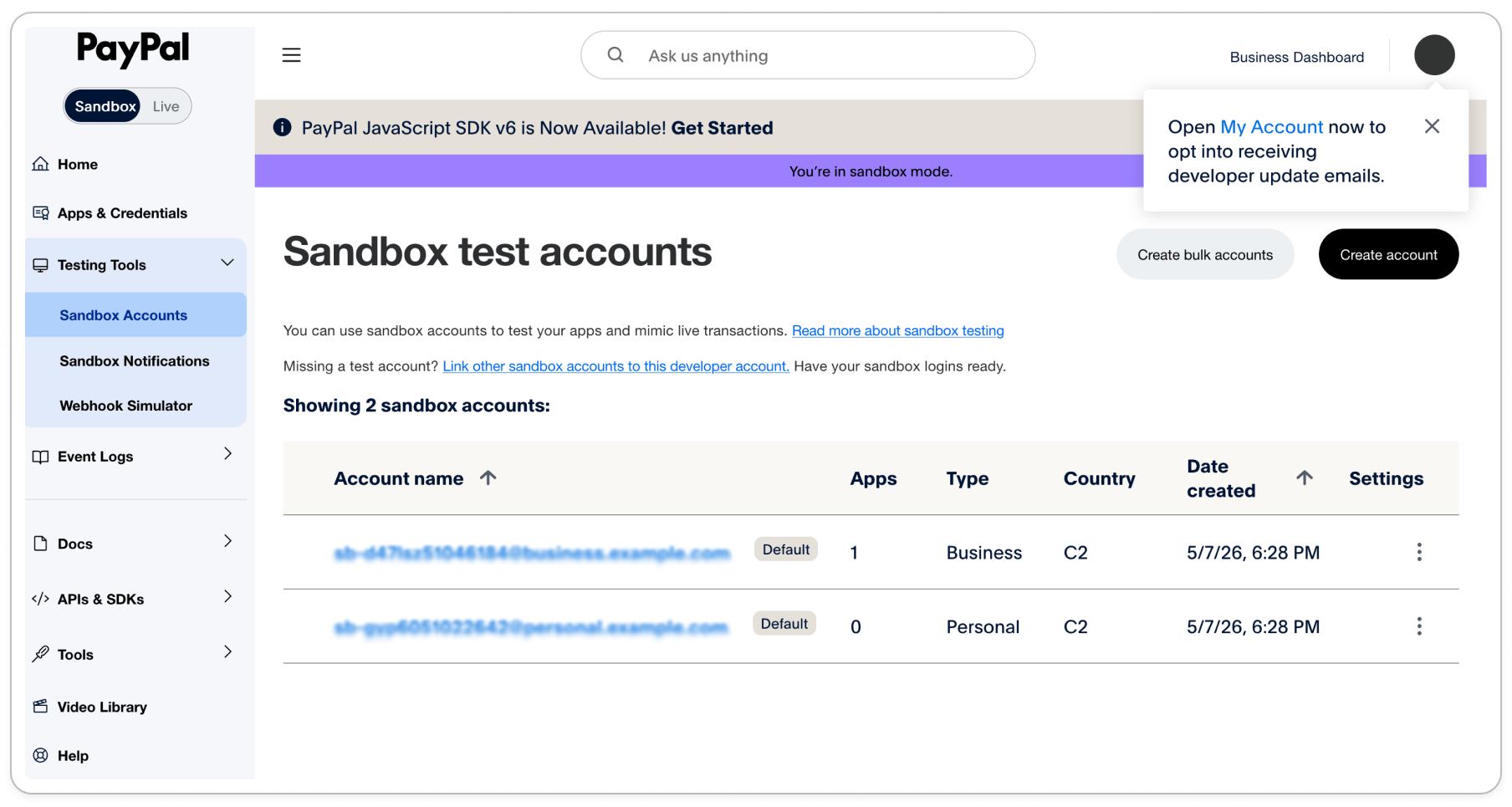Find PayPal Sandbox accounts