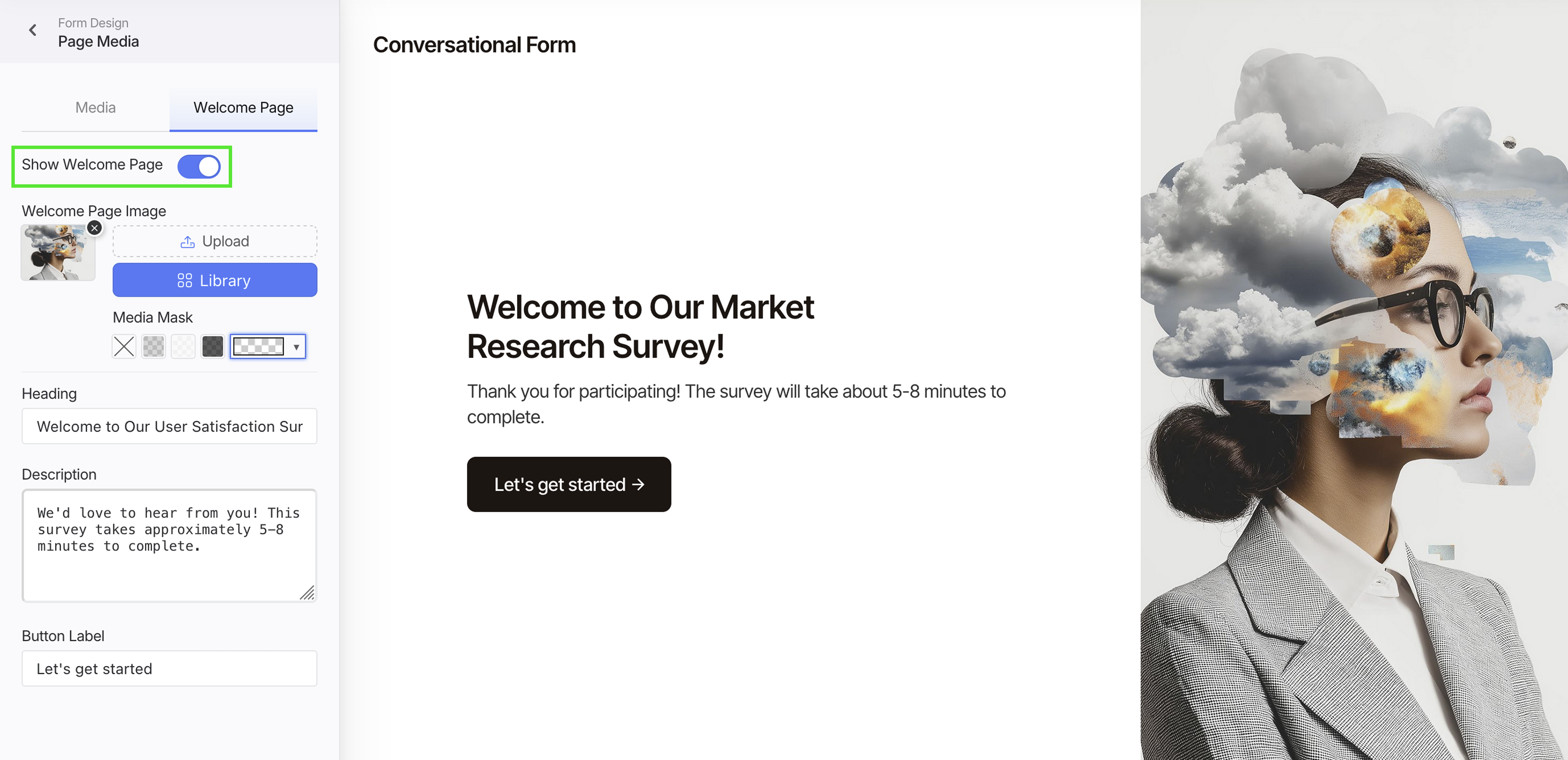 Enable the welcome page for a Conversational Form