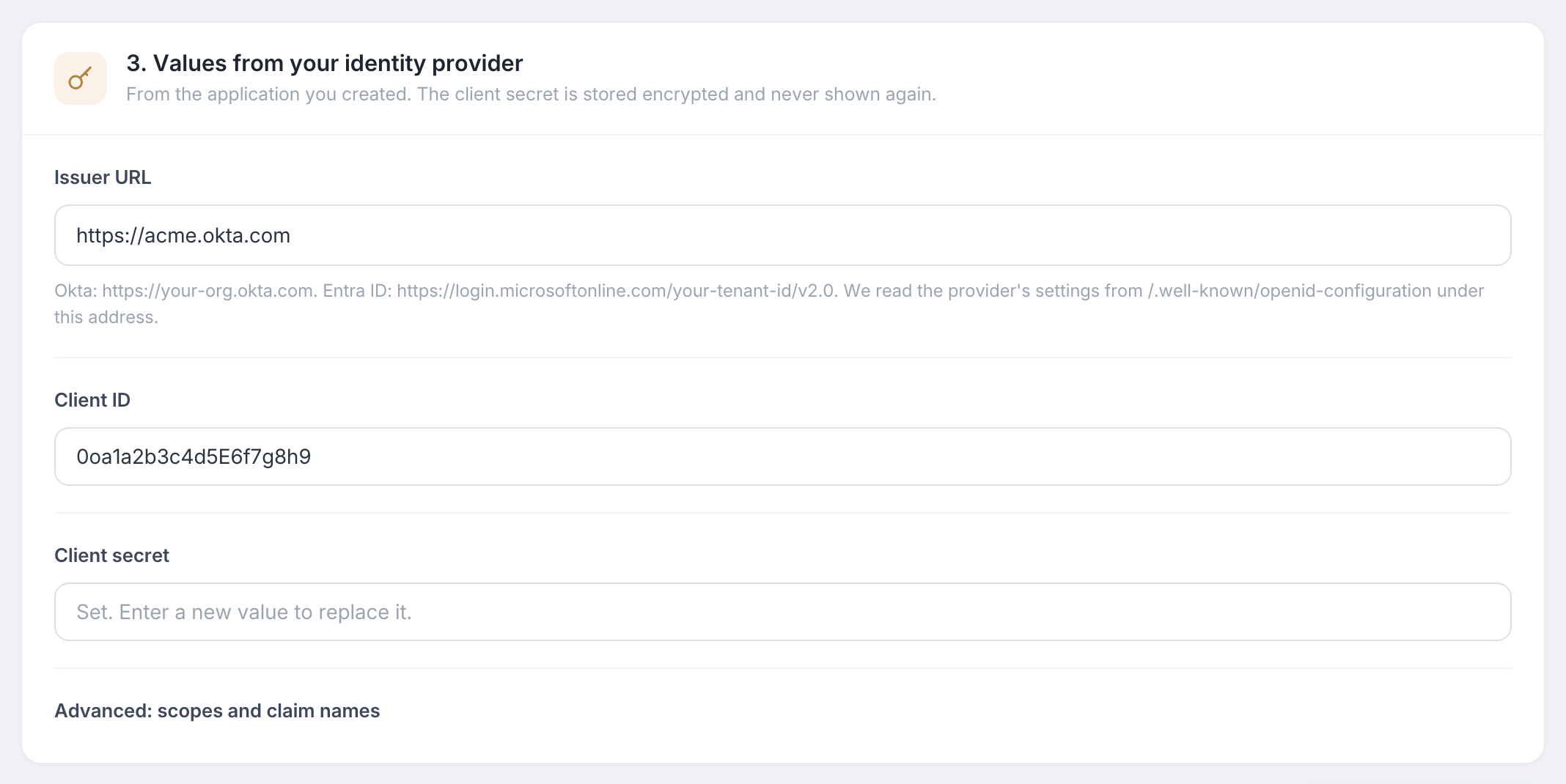 The values from the identity provider for OpenID Connect