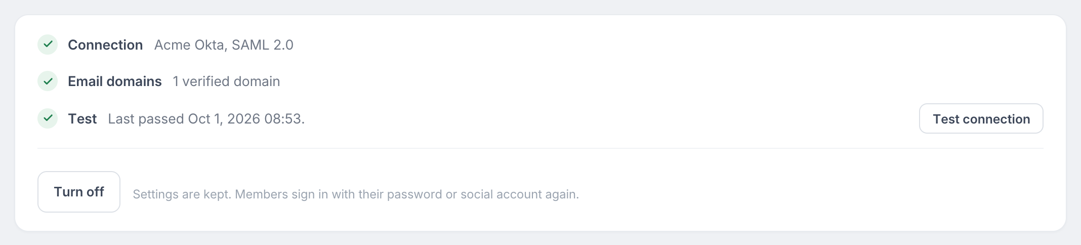 The status card when single sign-on is on