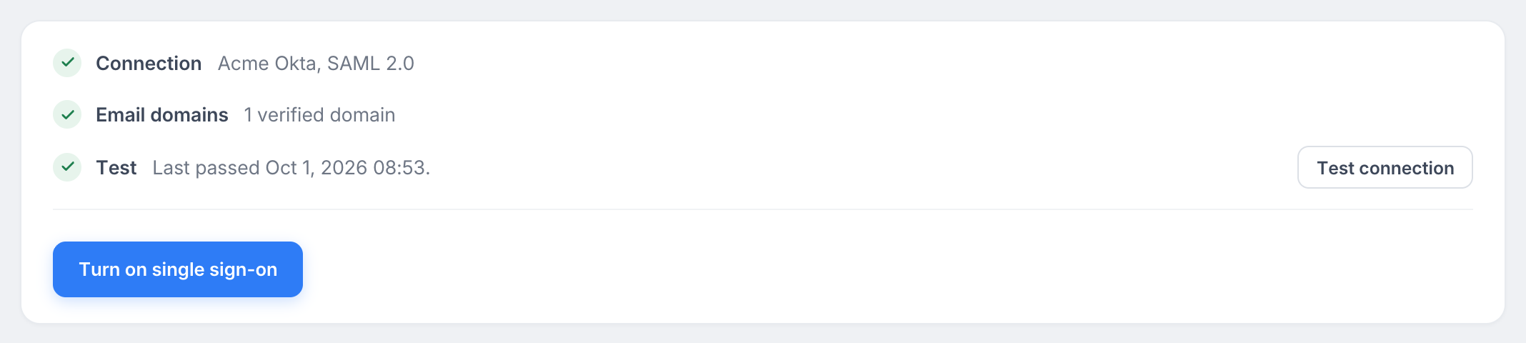 The status card before single sign-on is turned on