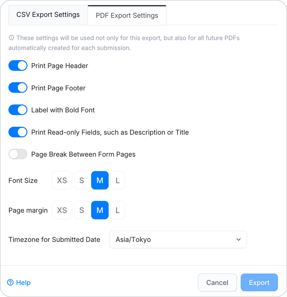 PDF Export Settings tab showing formatting toggles, Font Size and Page margin size selectors, and a Timezone for Submitted Date dropdown