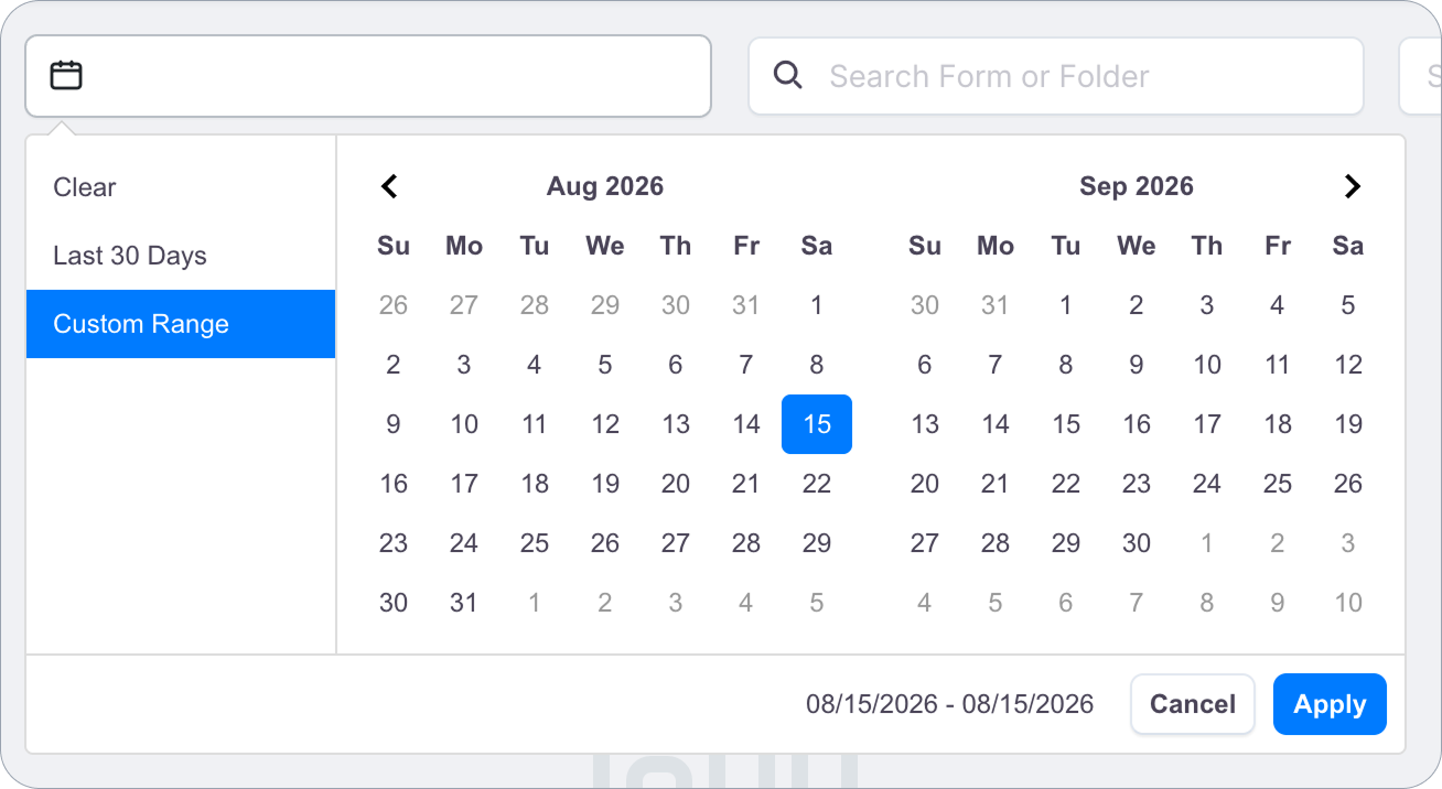 Date range picker with Clear, Last 30 Days, and Custom Range options next to a two-month calendar
