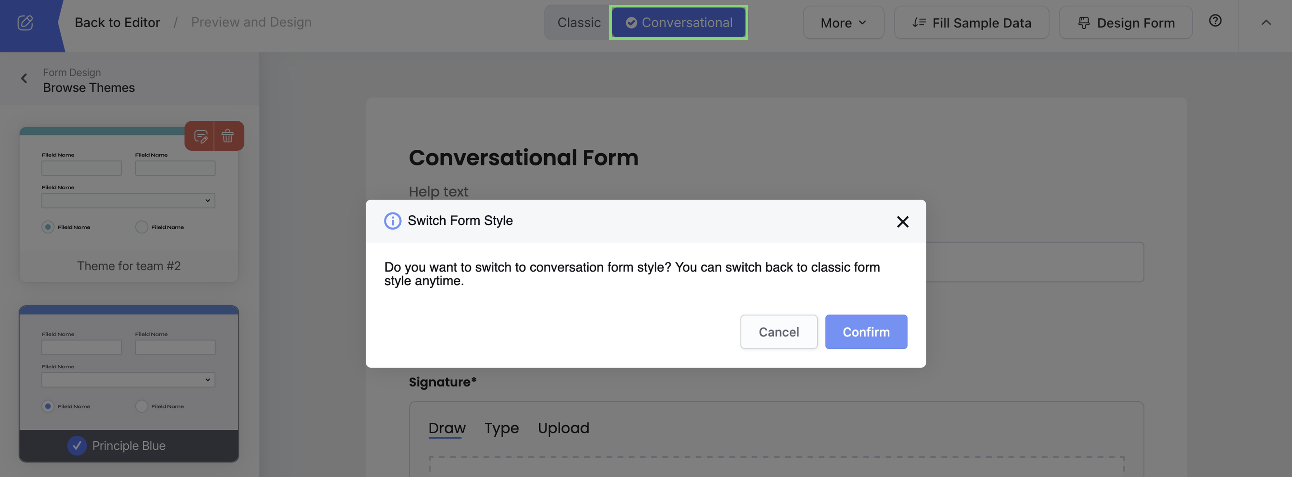Switch from Classic to Conversational mode in Preview and Design