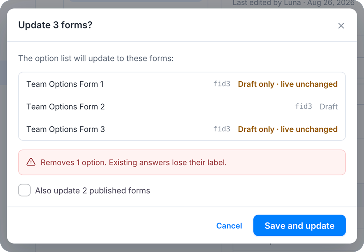 Confirmation dialog showing which forms an Option List update will affect