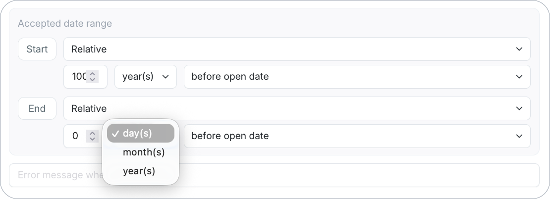 Relative date range with unit selector (day(s), month(s), year(s))