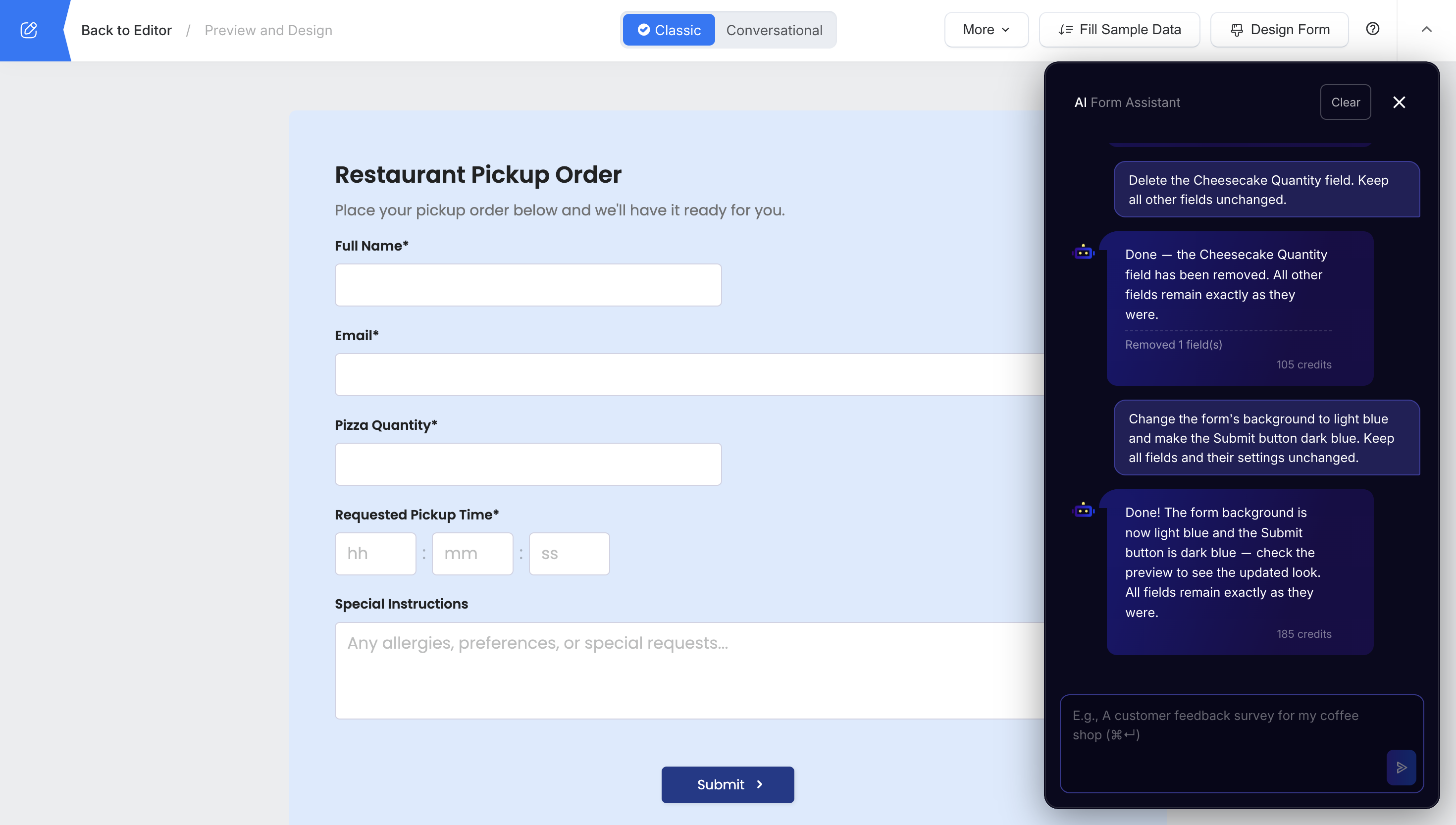 FormCan AI Form Assistant removing a field and updating the colors of a restaurant order form
